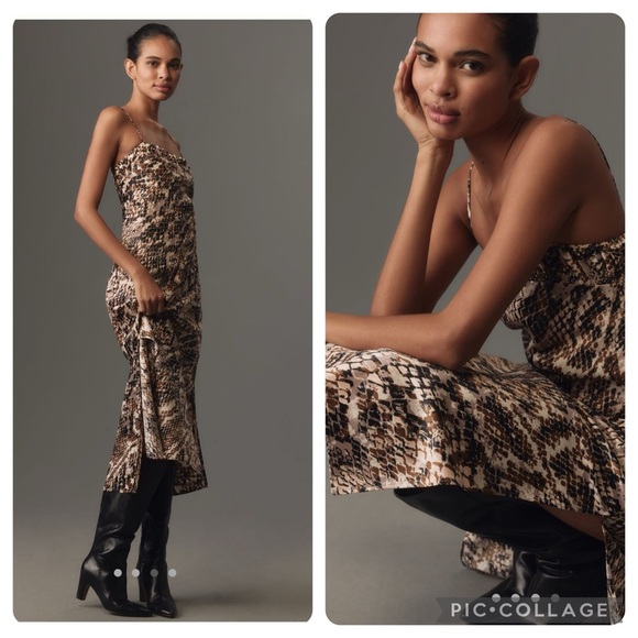 NWT new Anthropologie square neck slip dress animal snake print XS long brown - Picture 1 of 17